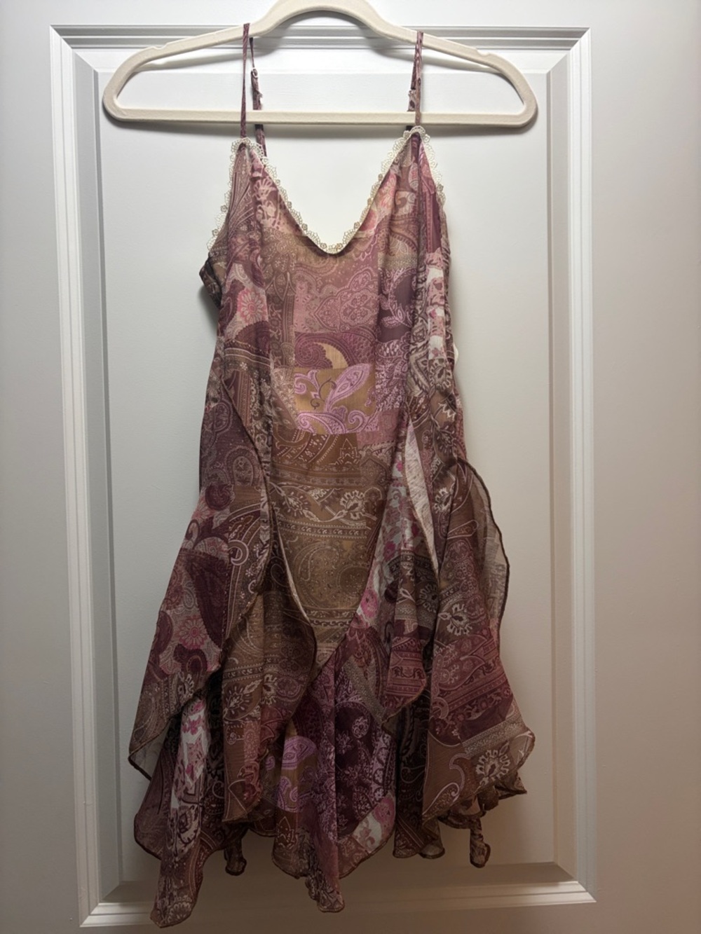Altar'd State Paisley Asymmetrical Slip Dress in Mauve Pink and Brown